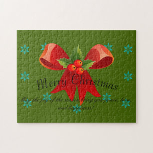 Merry Christmas Red Bow Holly and Snowflakes Jigsaw Puzzle