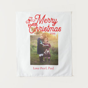 Merry Christmas red bow kids photo modern elegant Tapestry