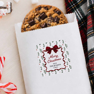 Merry Christmas Red Bow Personalized Favour Sticke Square Sticker