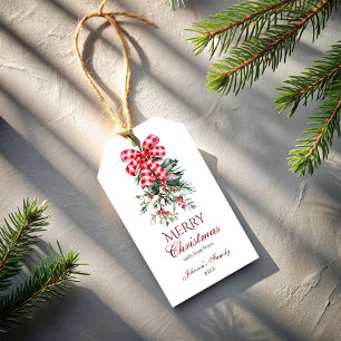 Merry Christmas red bow pines rustic Gift Tags