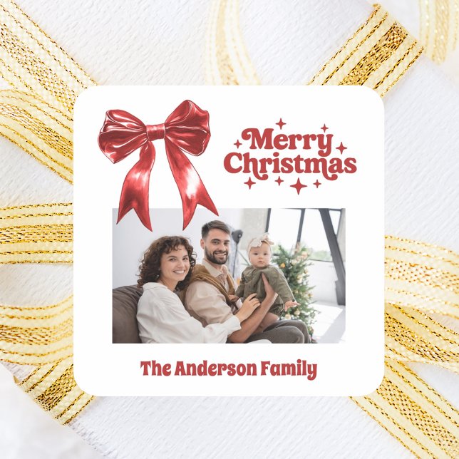 Merry Christmas red bow retro photo Square Sticker (Creator Uploaded)