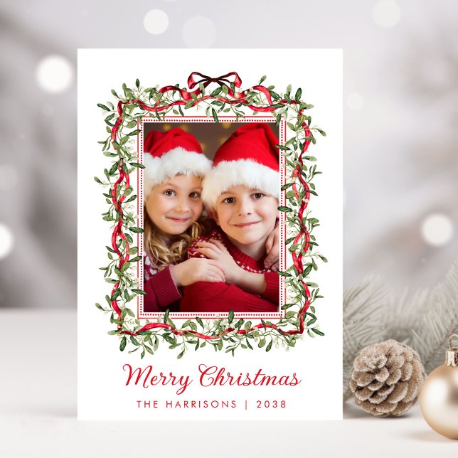 Merry Christmas Red Bows Greenery Watercolor Photo Holiday Card (Share the love and warmth of the holiday season with this personalized photo Christmas card)