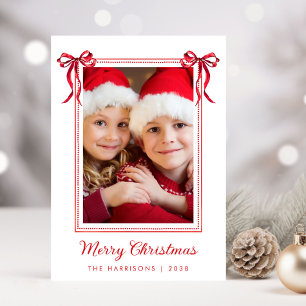 Merry Christmas Red Bows Watercolor Photo Holiday Card