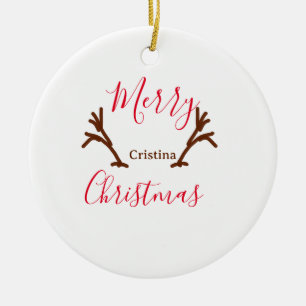 Merry Christmas red brown reindeer horn holiday te Ceramic Ornament