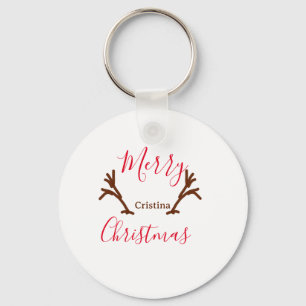Merry Christmas red brown reindeer horn holiday te Keychain