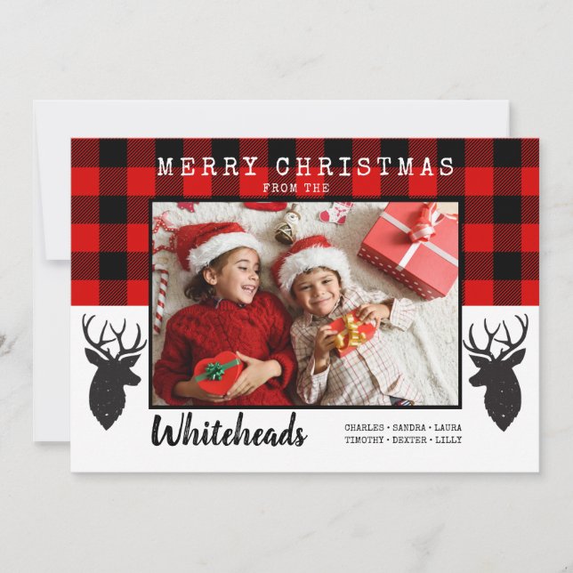 Merry Christmas Red Buffalo Plaid Deer Photo Holiday Card (Front)