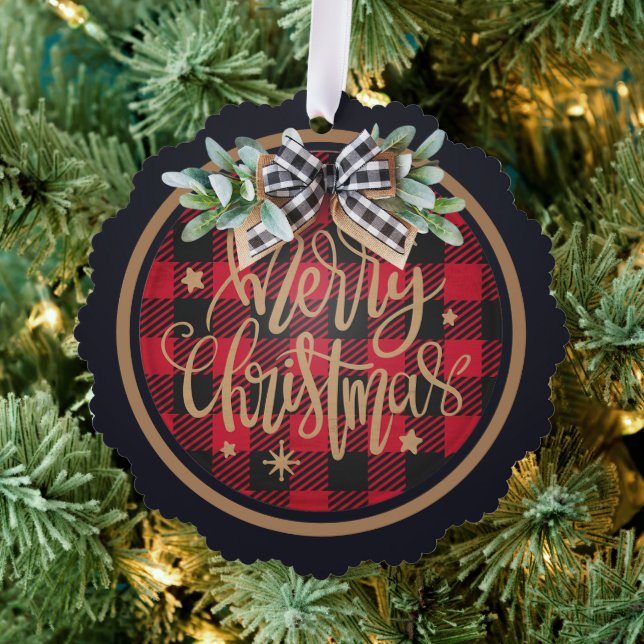 Merry Christmas Red Buffalo Plaid Ornament Card (Insitu (Tree))