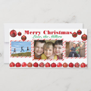 Merry Christmas Red Bulbs Three Photo Card