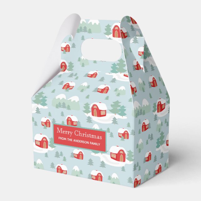 Merry Christmas Red Cabin Personalized Name Favor Box (Front Side)