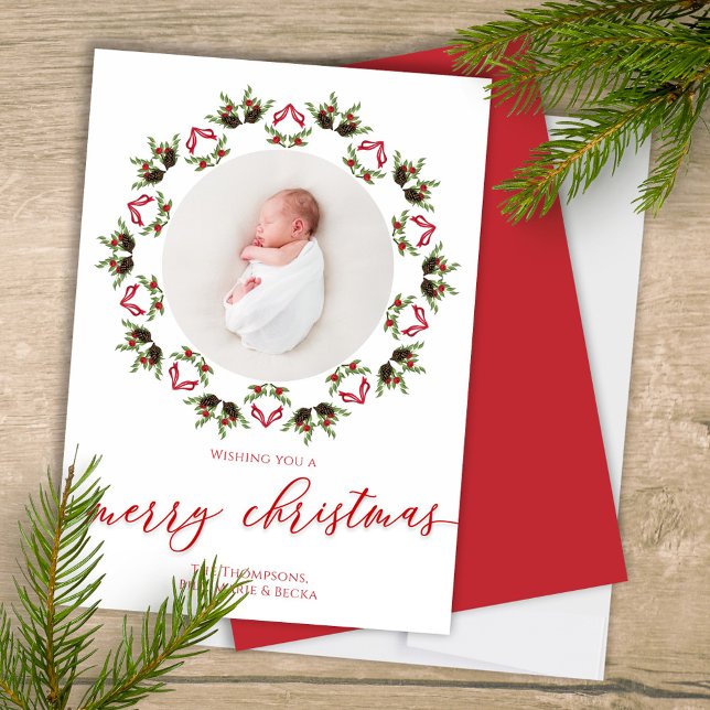 Merry Christmas Red Calligraphy One Photo  Holiday Card (Merry Christmas Calligraphy script mandala wreath design photo card. )