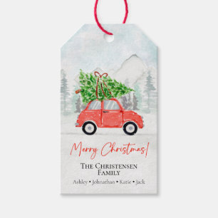 Merry Christmas Red Car Christmas Tree Gift Tags 