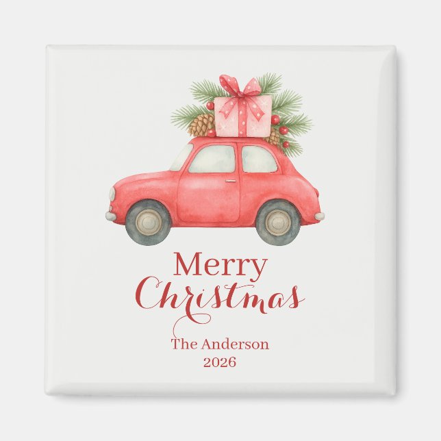 Merry Christmas Red Car – Personalized Holiday  Magnet (Front)
