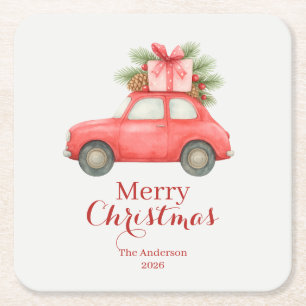 Merry Christmas Red Car – Personalized Holiday Square Paper Coaster