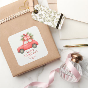 Merry Christmas Red Car – Personalized Holiday Square Sticker