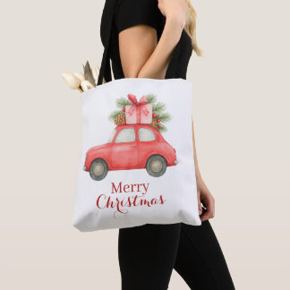 Merry Christmas Red Car – Personalized Holiday  Tote Bag