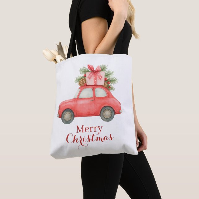 Merry Christmas Red Car – Personalized Holiday  Tote Bag (Close Up)