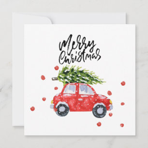 Merry Christmas red car with Christmas tree   Card