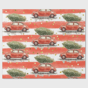 Merry Christmas red car with Christmas tree   Wrap Wrapping Paper