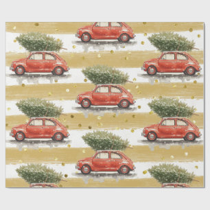 Merry Christmas red car with Christmas tree Wrap Wrapping Paper