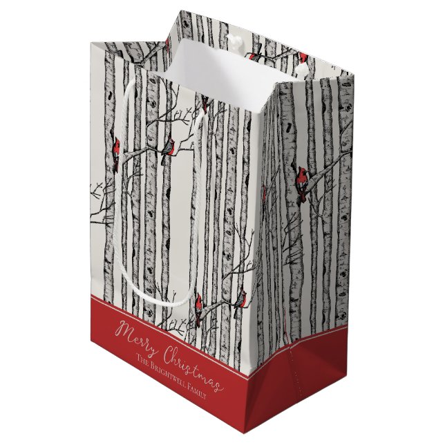 Merry Christmas Red Cardinal Bird & Birch Tree Medium Gift Bag (Front Angled)