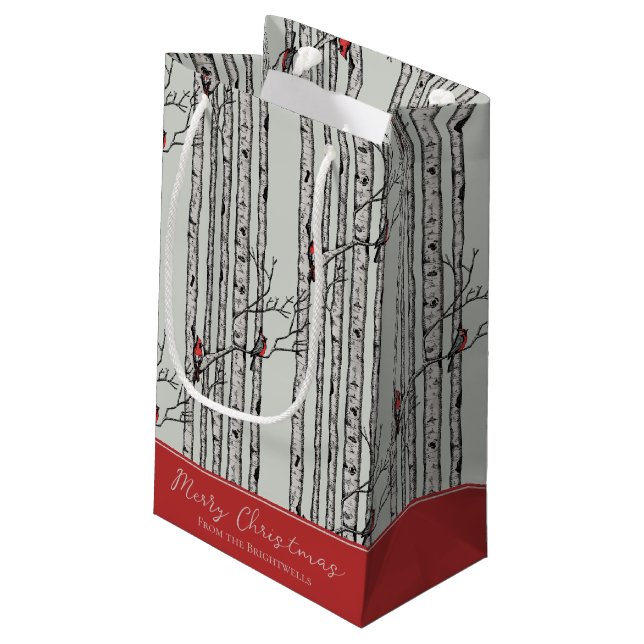 Merry Christmas Red Cardinal Bird & Birch Tree Small Gift Bag (Back Angled)