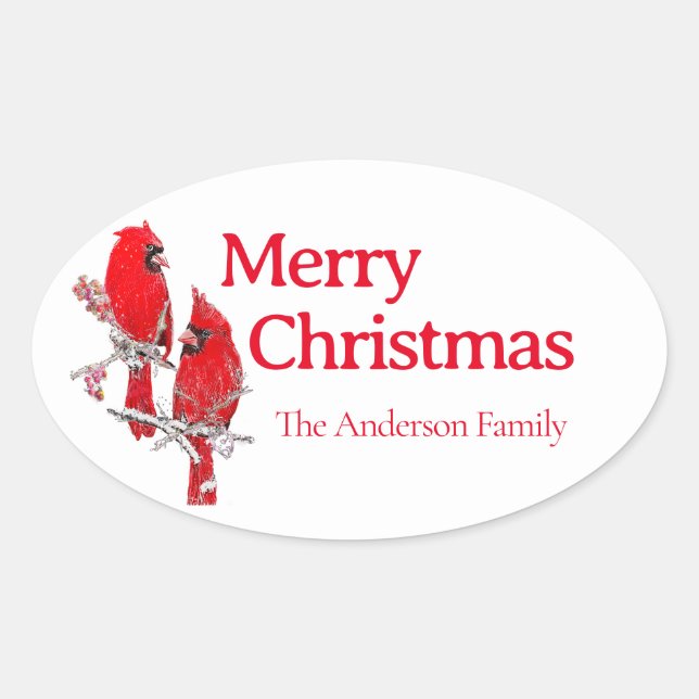 Merry Christmas  Red Cardinal Bird Festive Oval Sticker (Front)