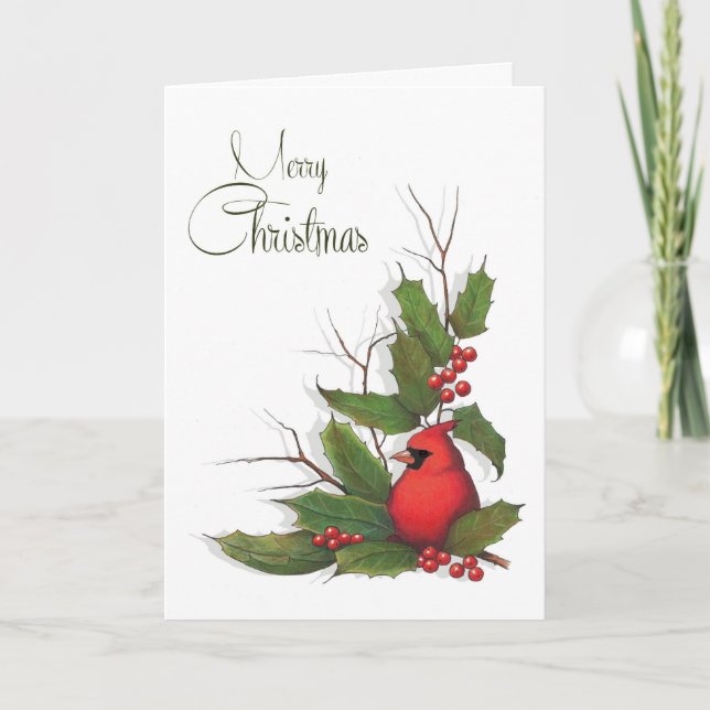Merry Christmas, Red Cardinal Bird, Holly, Berries Holiday Card (Front)