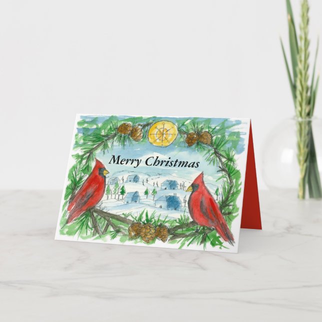 Merry Christmas Red Cardinal Birds Victorian Holiday Card (Front)