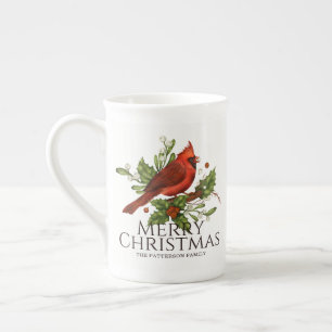 Merry Christmas Red Cardinal Holly Personalized Bone China Mug