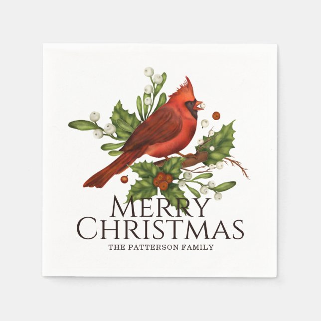 Merry Christmas Red Cardinal Holly Personalized Napkin (Front)