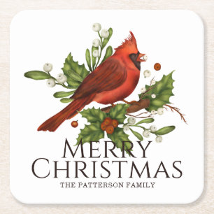 Merry Christmas Red Cardinal Holly Personalized Square Paper Coaster
