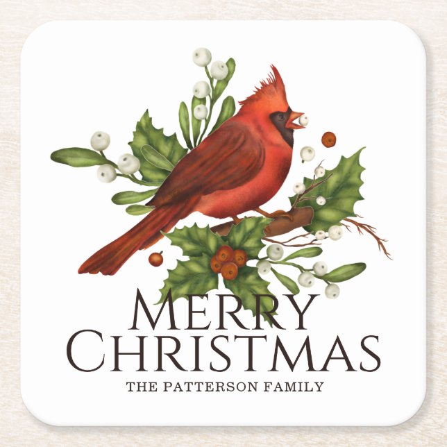 Merry Christmas Red Cardinal Holly Personalized Square Paper Coaster (Front)