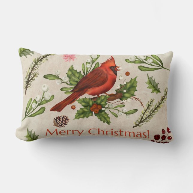 Merry Christmas Red Cardinal Lumbar Pillow (Front)