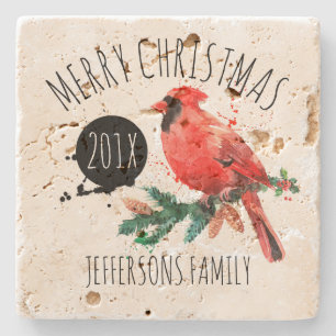 Merry Christmas-Red Cardinal & Mistletoe Stone Coaster