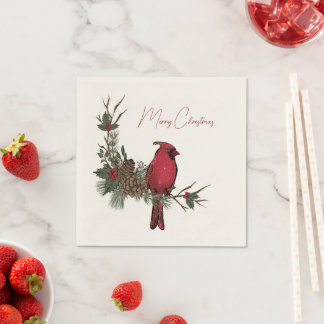 Merry Christmas Red Cardinal On A Branch  Napkin