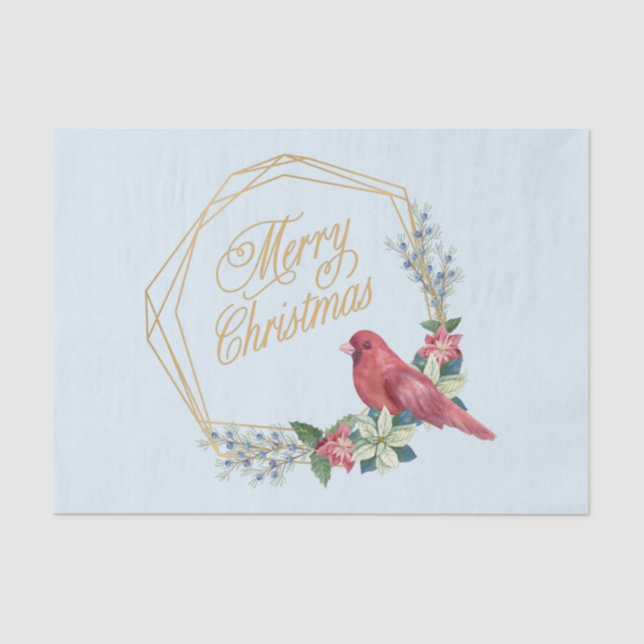 Merry Christmas Red Cardinal, Poinsettia, Berries  Tissue Paper (Front)