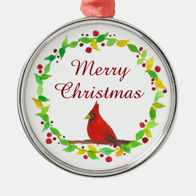Merry Christmas Red Cardinal Watercolor Metal Ornament (Front)