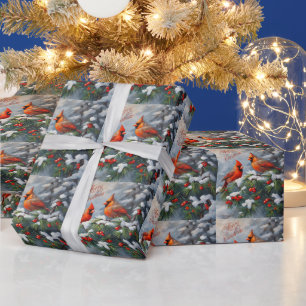 Merry Christmas Red Cardinals with Wild Berries  Wrapping Paper