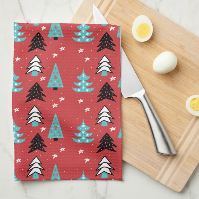 Merry Christmas Red Christmas Forest Pattern Kitchen Towel (Quarter Fold)