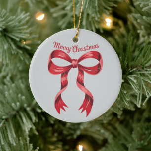 Merry Christmas Red Coquette Bow Girly Ceramic Ornament