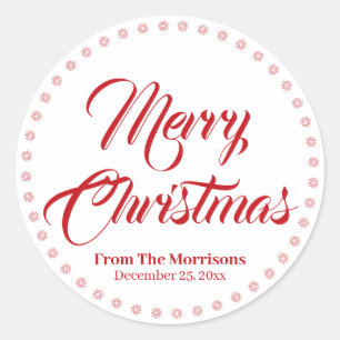 Merry Christmas red custom script name favours Classic Round Sticker
