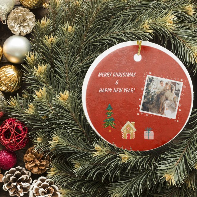Merry Christmas Red Family Photo  Ceramic Ornament (Creator Uploaded)