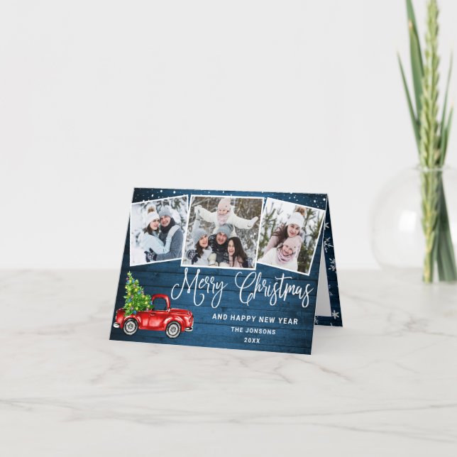 Merry Christmas Red Farm Truck 3 Photo Holiday Card (Front)