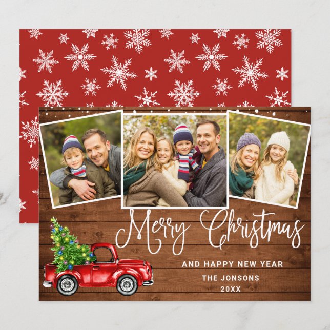 Merry Christmas Red Farm Truck 3 Photo Holiday Card (Front/Back)