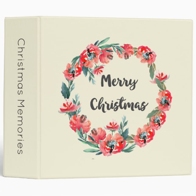 Merry Christmas Red Floral Holiday Wreath Memories Binder (Front/Spine)