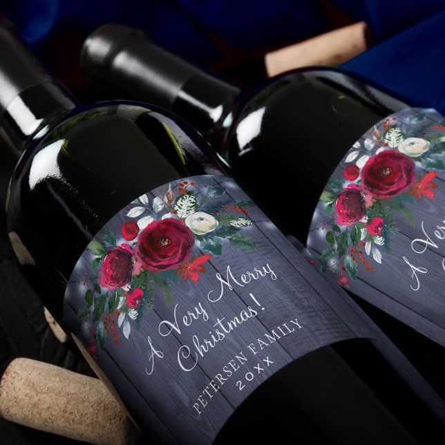 Merry Christmas red floral navy barn family name Wine Label (Creator Uploaded)