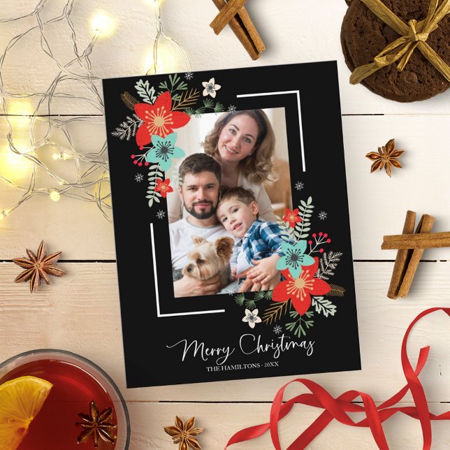 Merry Christmas Red Floral On Black Holidays Photo Postcard (Creator Uploaded)