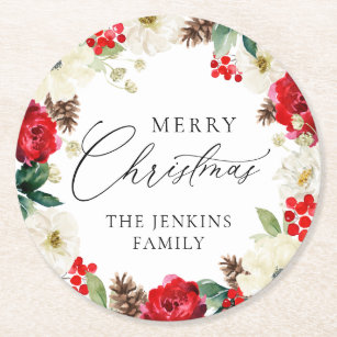Merry Christmas Red Floral Personalized Round Paper Coaster