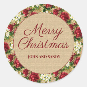 Merry Christmas Red Floral Rustic Vintage Name Classic Round Sticker