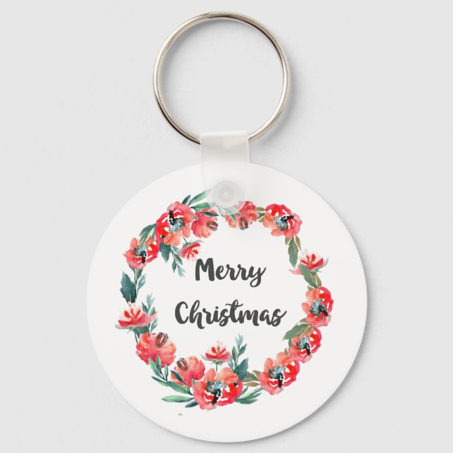 Merry Christmas Red Floral Watercolor Wreath Keychain (Front)